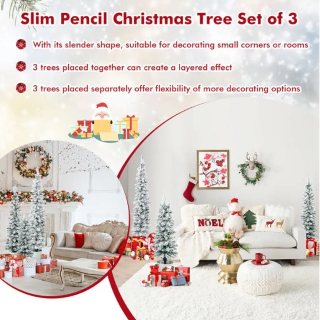 3-Piece Snow-Flocked Potted Slim Pencil Christmas Tree Set