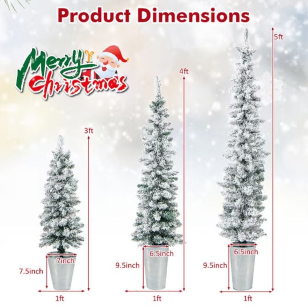 3-Piece Snow-Flocked Potted Slim Pencil Christmas Tree Set