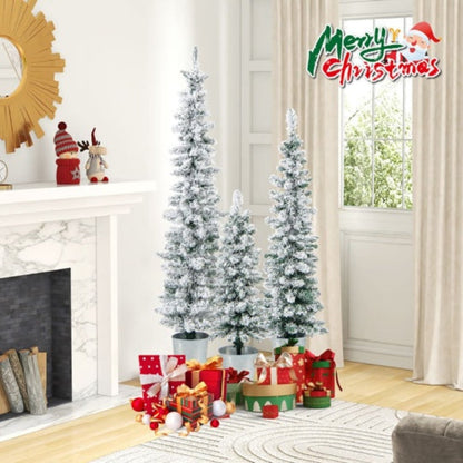 3-Piece Snow-Flocked Potted Slim Pencil Christmas Tree Set