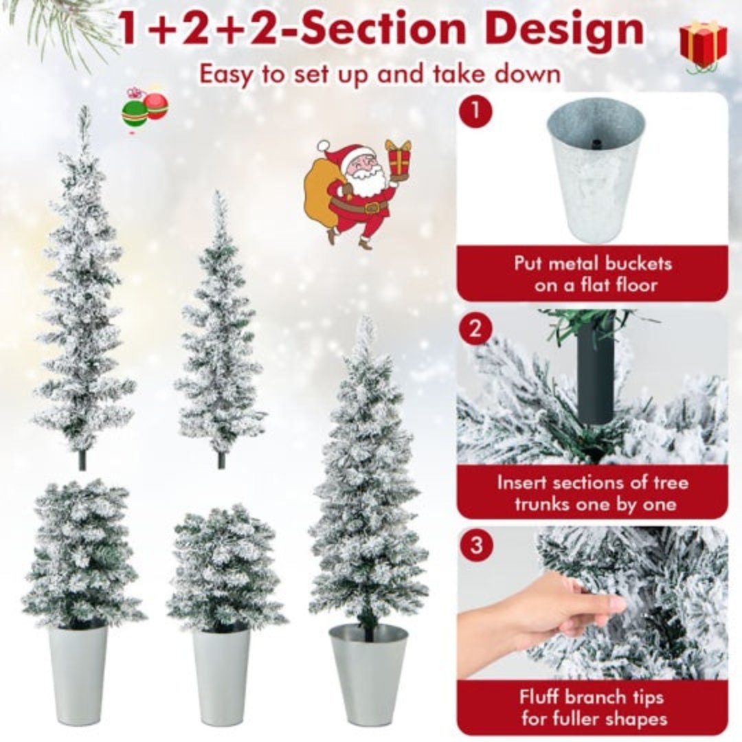 3-Piece Snow-Flocked Potted Slim Pencil Christmas Tree Set