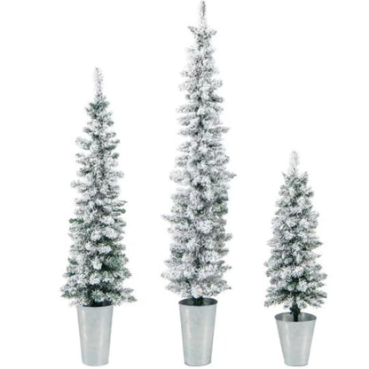 3-Piece Snow-Flocked Potted Slim Pencil Christmas Tree Set