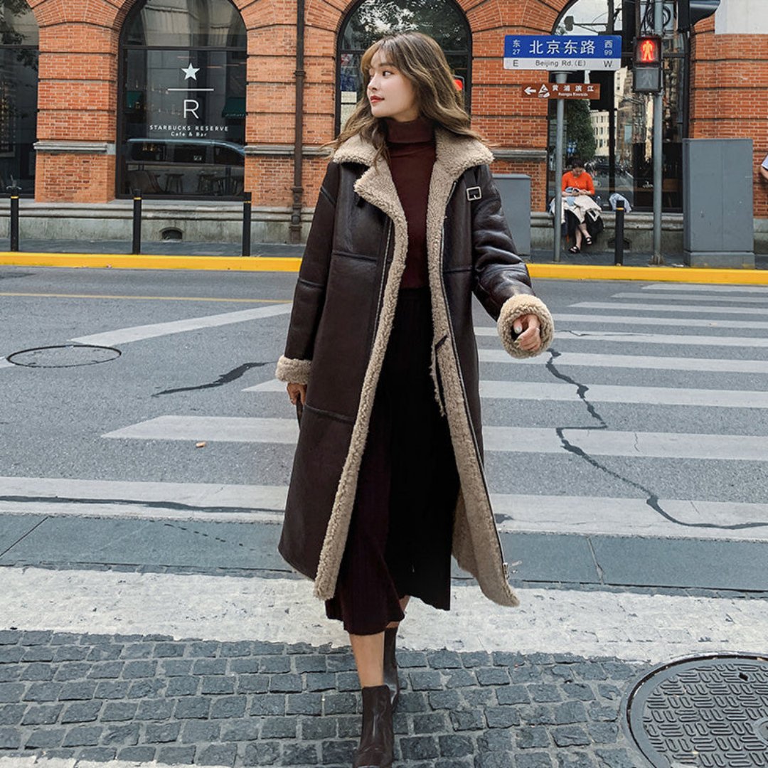 Lamb Wool Over-the-Knee Leather Coat