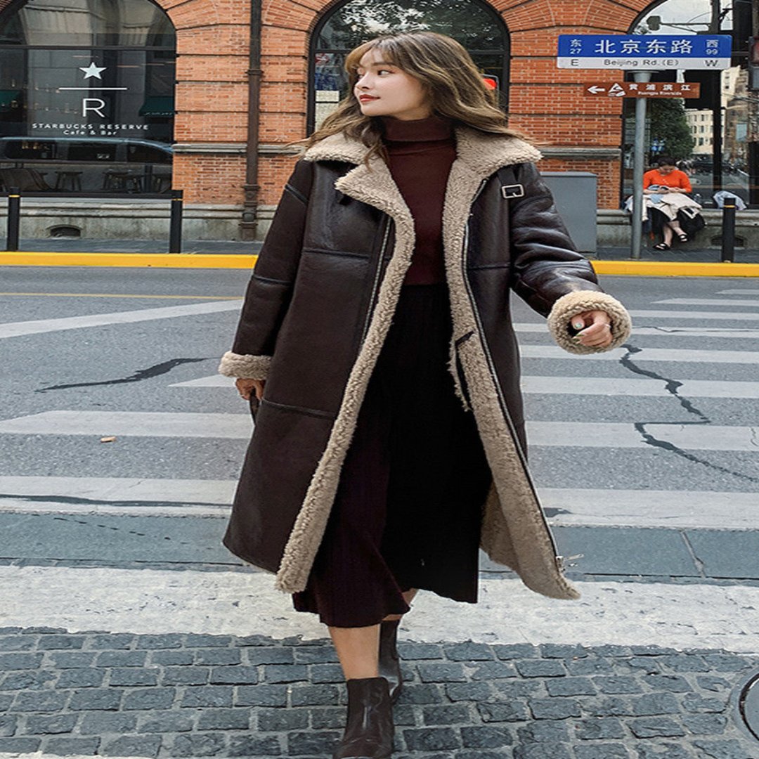 Lamb Wool Over-the-Knee Leather Coat