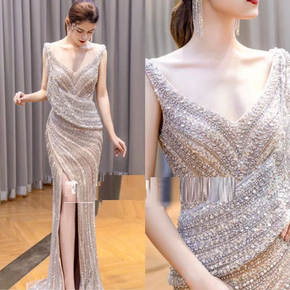 Opulent Double-Shoulder Evening Dress Adorned with Diamonds for Wedding Photos