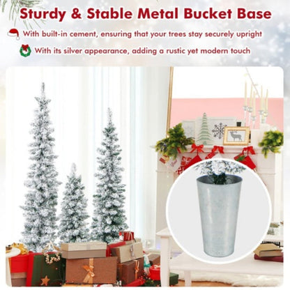 3-Piece Snow-Flocked Potted Slim Pencil Christmas Tree Set